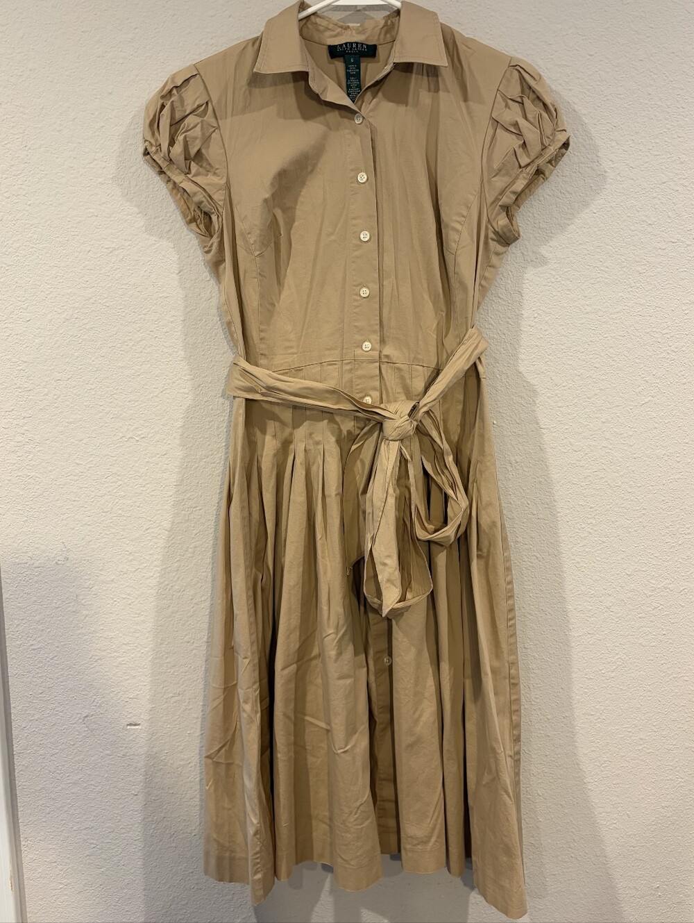 Lauren Ralph Lauren Womens Khaki Tan Short Sleeve Pleated Button Down Midi Dress